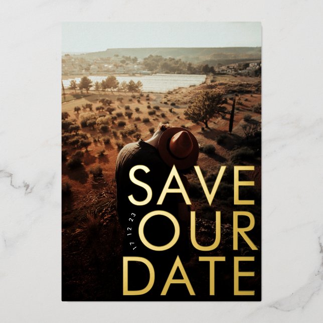 BOLD Ultra Modern Gold Photo Save Our Date Foil Invitation (Front)