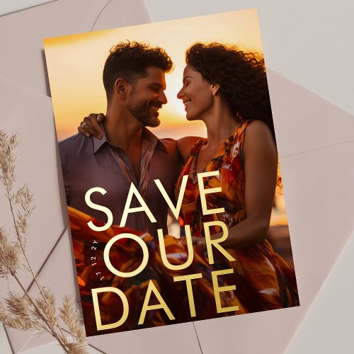 BOLD  ULTRA MODERN GOLD PHOTO SAVE OUR DATE FOIL INVITATION