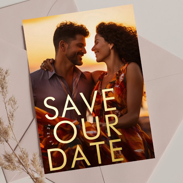 bold ultra modern gold photo save our date foil invitation (Creator Uploaded)