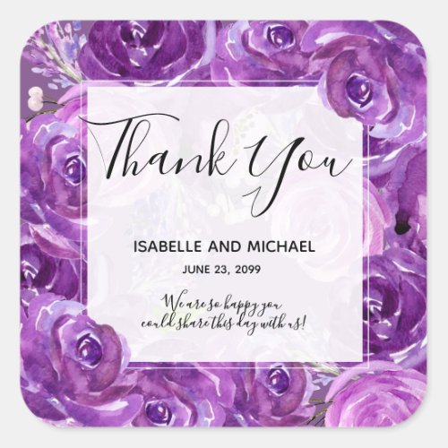Bold Ultra Violet Rose Floral Thank You Wedding Square Sticker