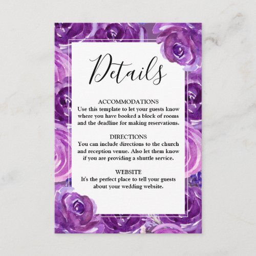 Bold Ultra Violet Rose Floral Wedding Details Card