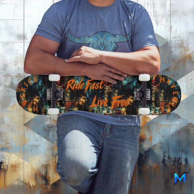 Bold Urban Graffiti & Orange Ride Fast Live Free Skateboard (Creator Uploaded)