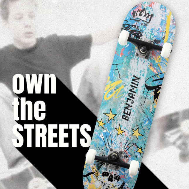 Bold Urban Graffiti Skull Blue Pop Art Skateboard (Bold Vibrant Urban Graffiti Skull Skateboard ©Susanne Sachers - Sunny Wanderlust 🌞✈️)