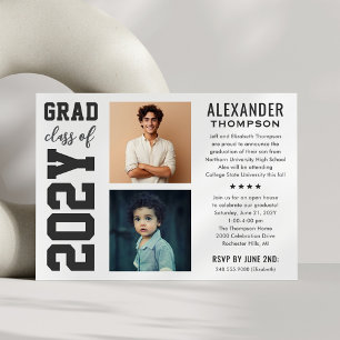 Bold Varsity Then and Now Grad Party Letterpress Photo Cards
