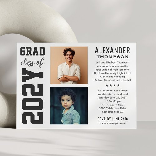 Bold Varsity Then and Now Grad Party Letterpress Photo Cards