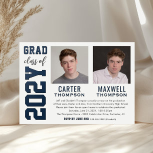 Bold Varsity Twins Grad Party Graduate Letterpress Photo Cards