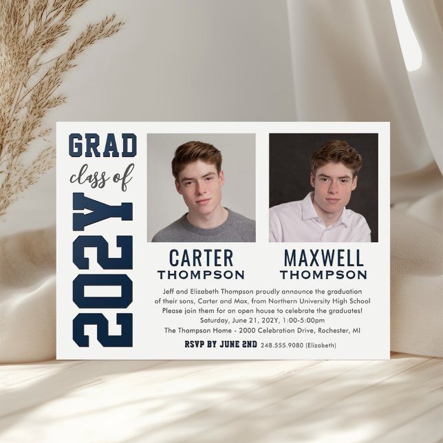 Bold Varsity Twins Grad Party Graduate Letterpress Photo Cards (Creator Uploaded)