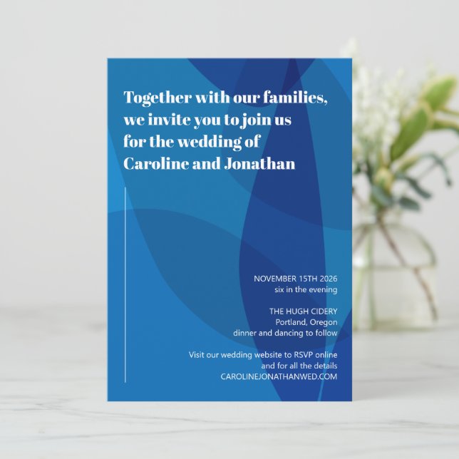 Bold Vibrant Artsy Blue Abstract Modern Wedding  Invitation (Standing Front)