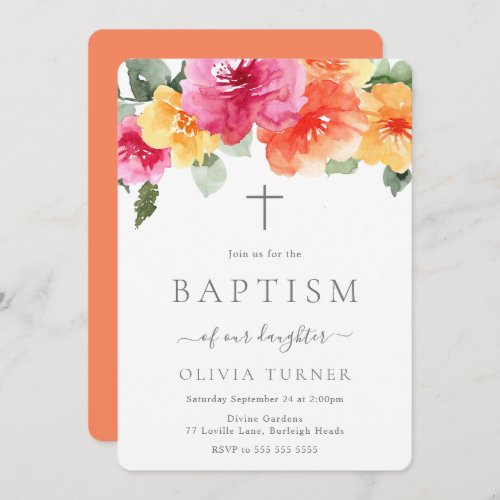 Bold Vibrant Colorful Botanical Floral Baptism Invitation