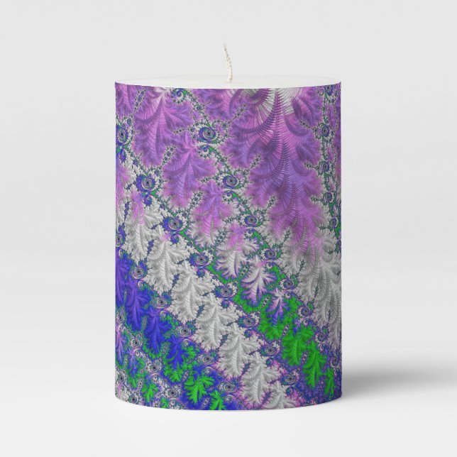 Bold Vibrant Colorful Funky Trippy Fractal Spiral Pillar Candle (Front)