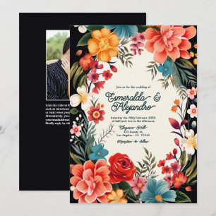 Bold Vibrant Floral Fiesta Wedding Photo & QR Code Invitation