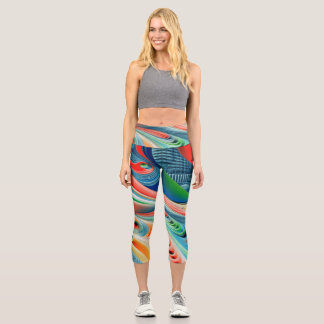 Bold Vibrant Fluid Geometry Capri Leggings