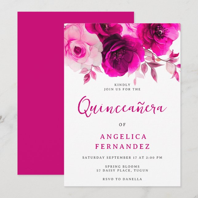 Bold Vibrant Fuchsia Pink Rose Quinceanera Party Invitation (Front/Back)