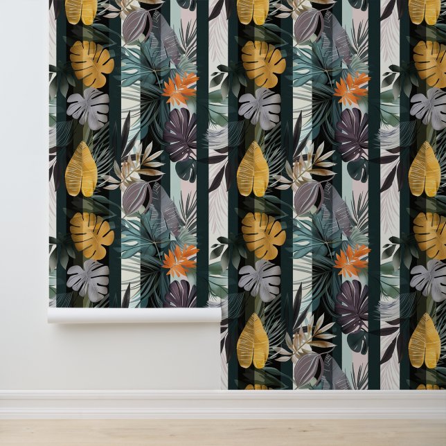Bold vibrant vertical stripes with plant leaves wallpaper  (Application)