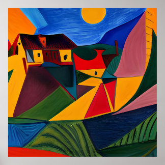 Bold village landscape art poster