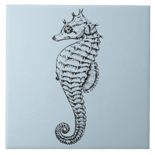 bold  vinatge seahorse in light blue ceramic tile