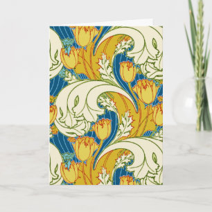 Bold Vintage Tulip Blue Gold Green Floral Pattern Holiday Card