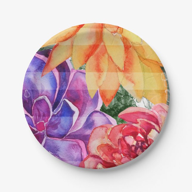 Bold Vivid Vibrant Colorful Succulents Party Paper Plates (Front)