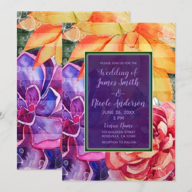 Bold Vivid Vibrant Colorful Succulents Wedding Invitation (Front/Back)