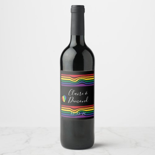 Bold warped Rainbow Retro stripe with heart Wine Label