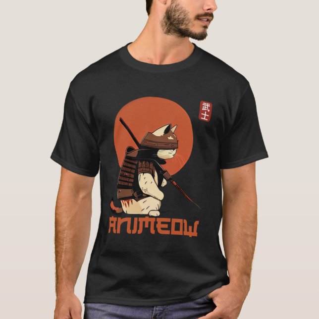 Bold warrior cat in classic samurai armor Japanese T-Shirt (Front)