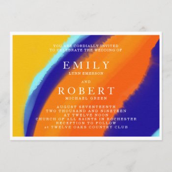 Bold Waterclor Orange And Blue Wedding Invitation by All_about_Wedding at Zazzle