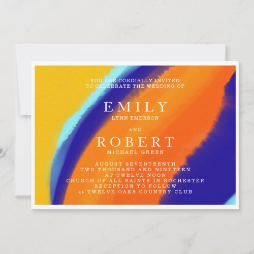 Bold Waterclor Orange and Blue Wedding Invitation