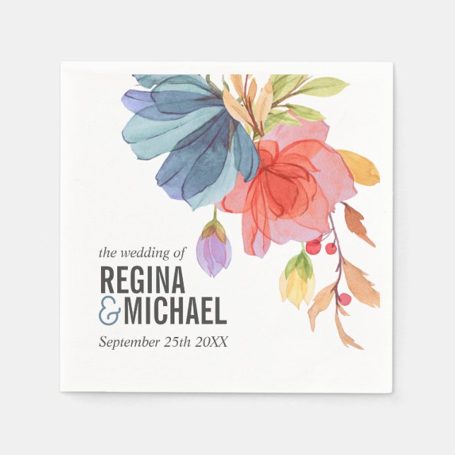 Bold Watercolor Blue Wildflowers Monogram Wedding Napkins (Front)