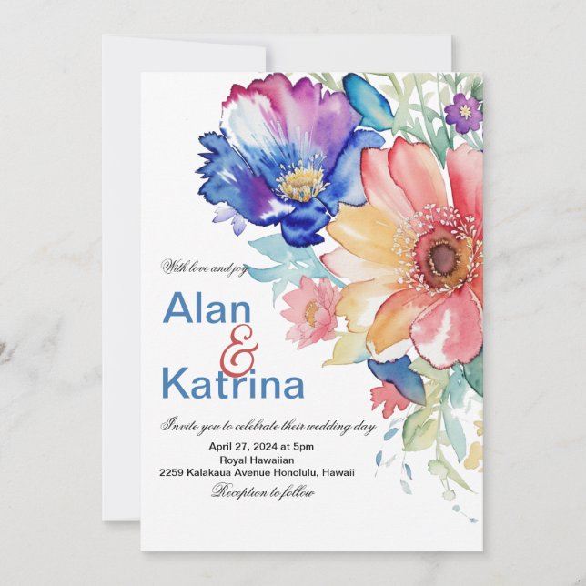 Bold Watercolor Floral Blue Pink Peach Wedding Invitation (Front)