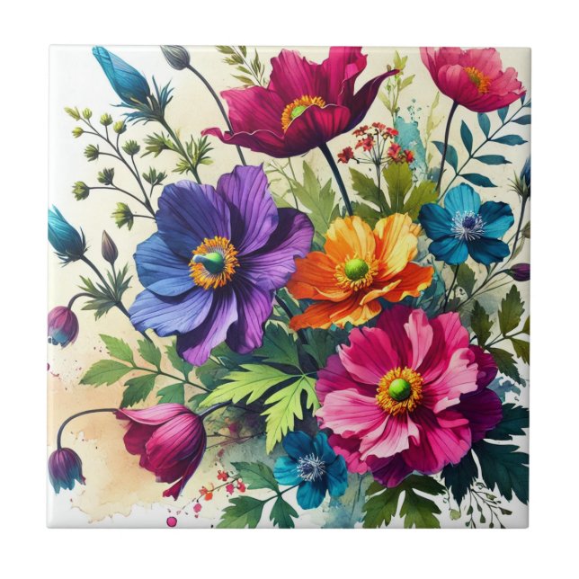 Bold Watercolor Floral  Ceramic Tile (Front)