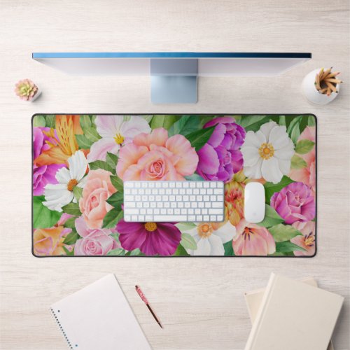 Bold Watercolor Floral Garden Purple Pink Roses Desk Mat