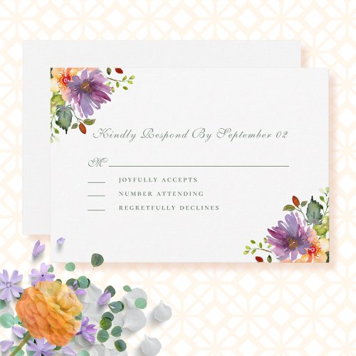 Bold Watercolor Floral Green Peach Wedding RSVP 