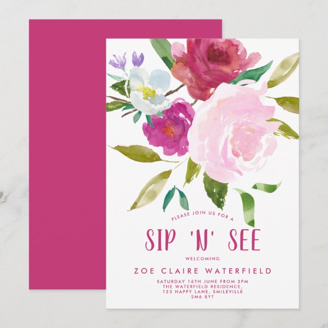 Bold Watercolor Floral Sip 'n' See Invitation (Front/Back)
