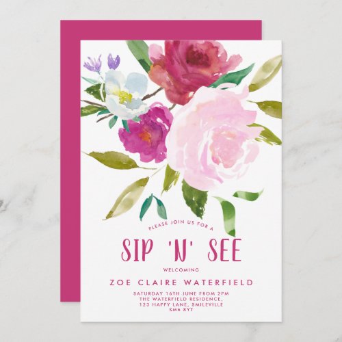 Bold Watercolor Floral Sip n See Invitation