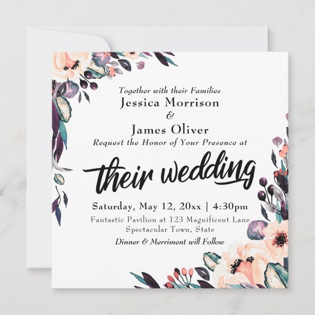 Bold Watercolor Florals and Script "Their Wedding" Invitation (Front)