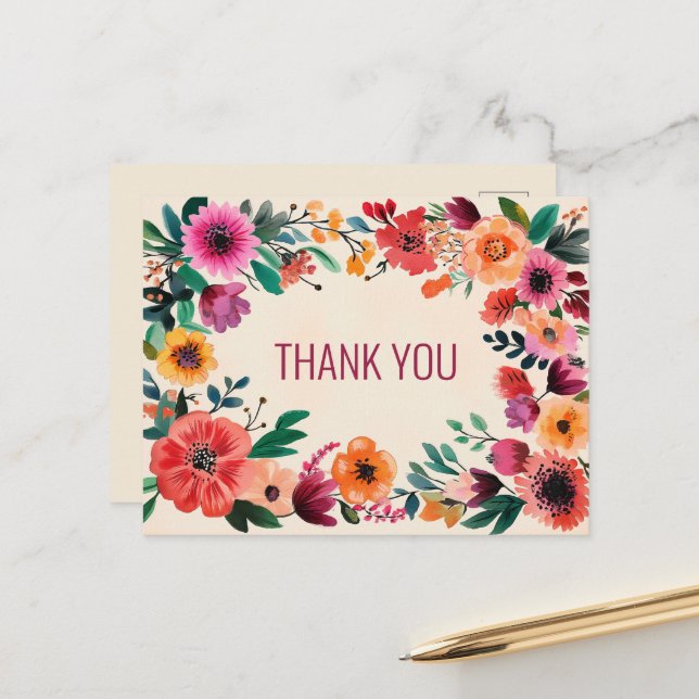 Bold Watercolor Florals THANK YOU  Postcard (Front/Back In Situ)