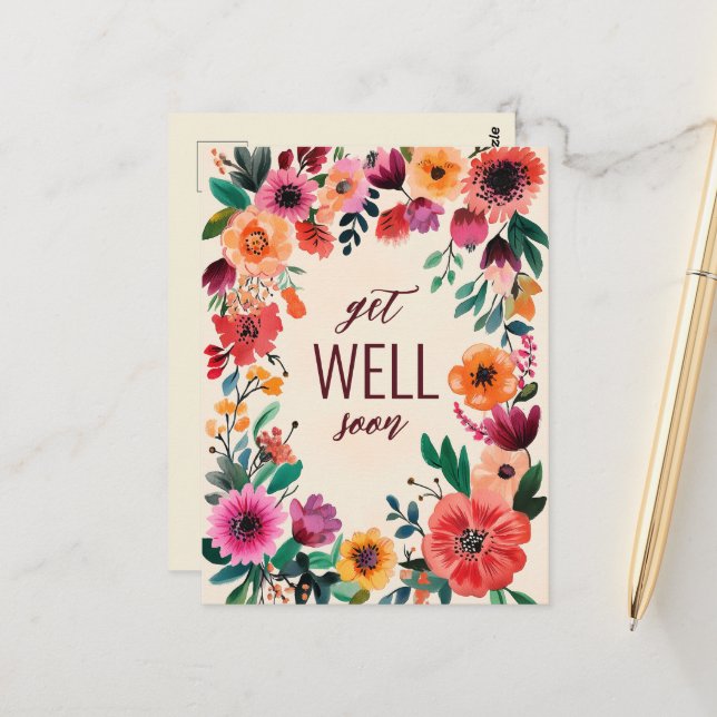 Bold Watercolor Florals  WELL SOON CUSTOM  Postcard (Front/Back In Situ)