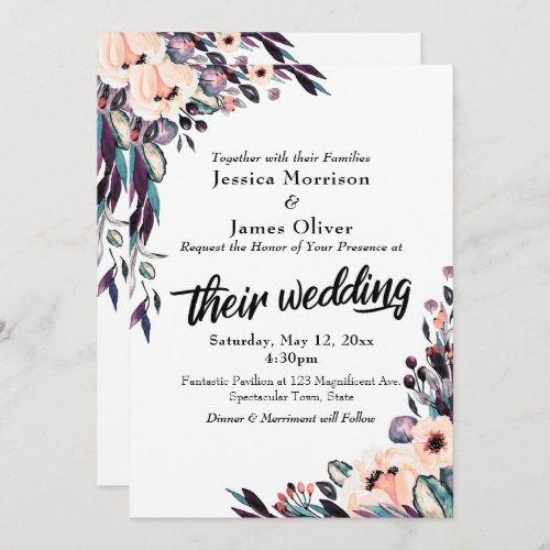 Bold Watercolor Florals with Their Wedding Script Invitation