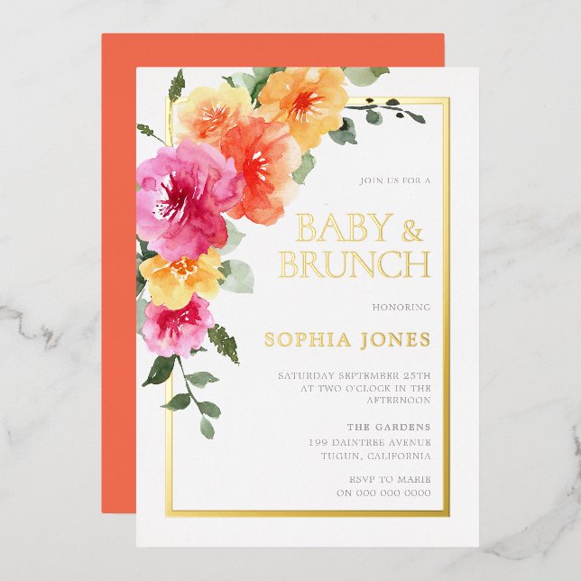Bold Watercolor Flowers Baby Shower Brunch Foil Invitation (Front/Back)