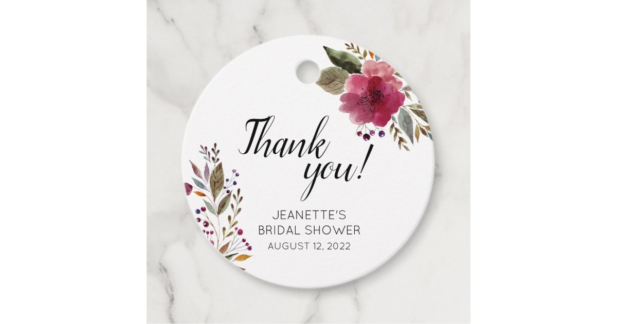 Bold Watercolor Flowers Bridal Shower Thank You Favor Tags | Zazzle