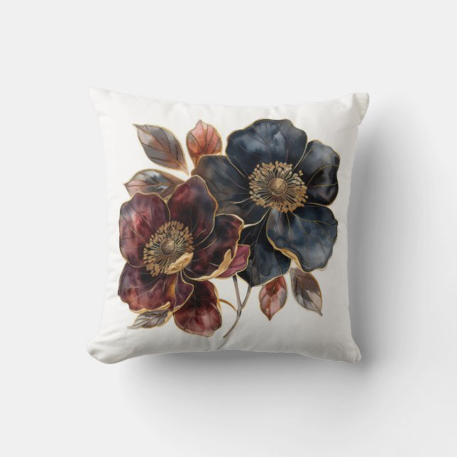 Bold Watercolor gold black and burgundy flowers Throw Pillow (Front)