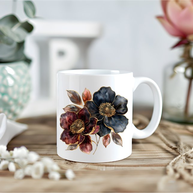 Bold watercolor gold black burgundy flowers coffee mug (Creator Uploaded)