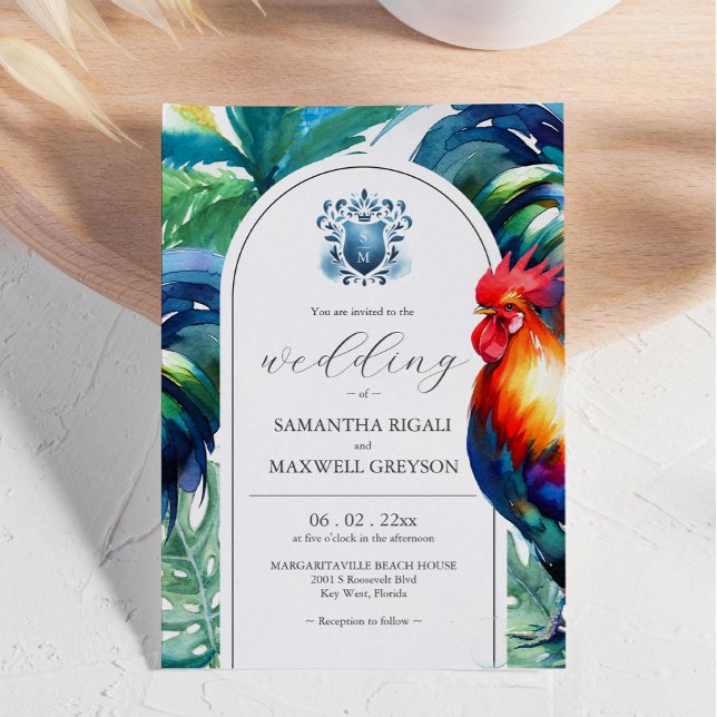 Bold Watercolor Key West Wedding Invitations (Bright and bold color wedding invitations feature rooster watercolor by Victoria Grigaliunas)