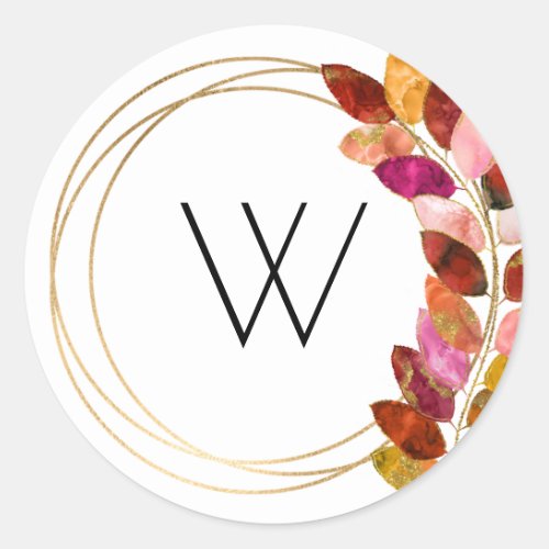 Bold Watercolor Leaves monogram wedding favor Classic Round Sticker