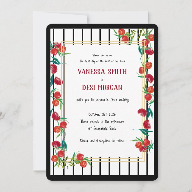 Bold Watercolor Pomegranate Wedding Invitations (Front)