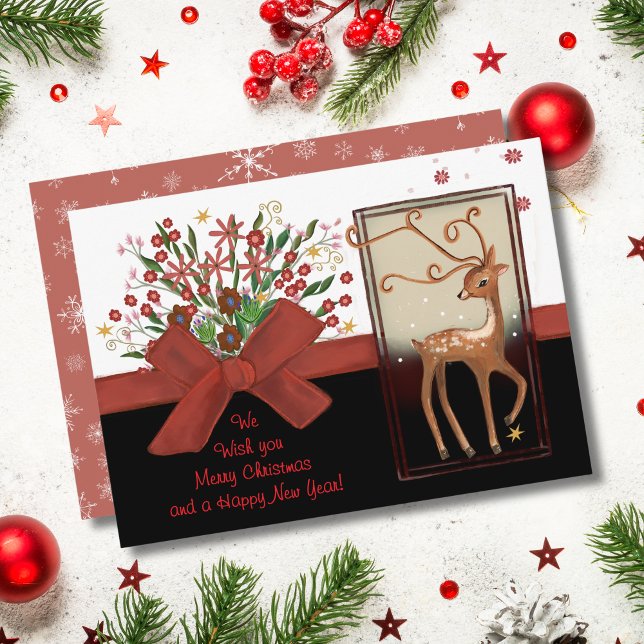Bold Watercolor Reindeer Card | Black & Red (Deer Red Bow Black White Holiday Card)