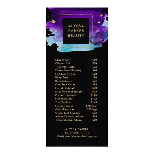 Bold Watercolor Splash  Salon Price List Services Rack Card