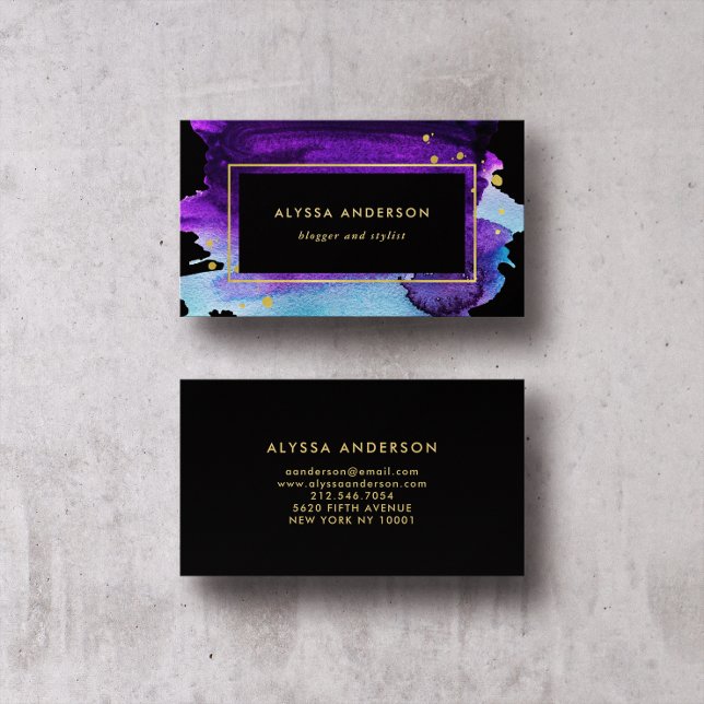 Bold Watercolor Splash with Faux Gold Look Accents Business Card