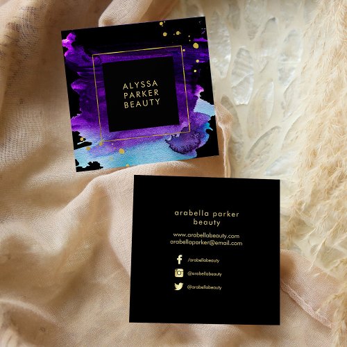 Bold Watercolor Splash with Faux Gold Look Accents Square Business Card