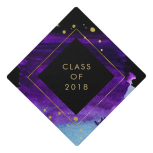 Bold Watercolor Splash with Gold Class of 2018 Graduation Cap Topper